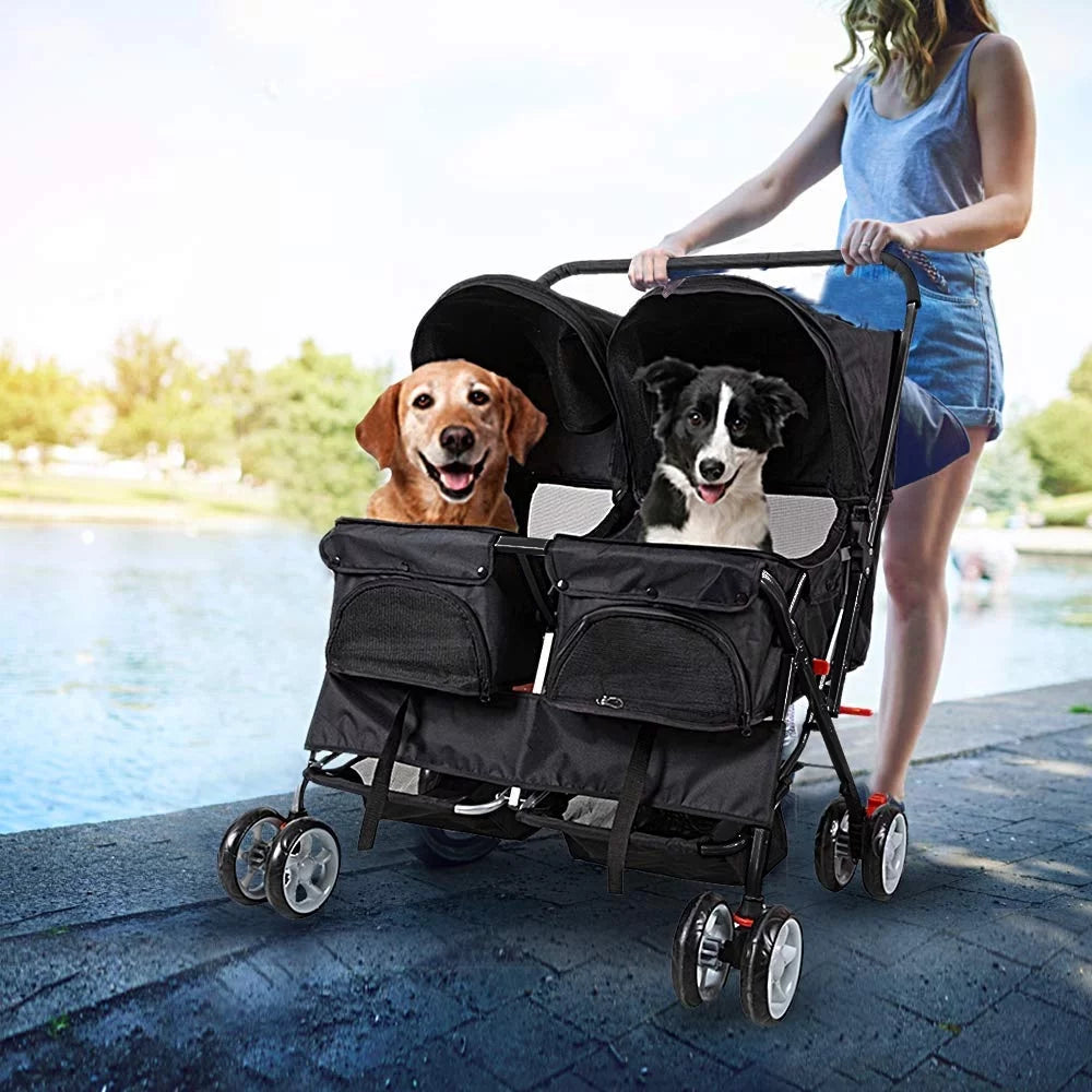 Double Pet Stroller Foldable Two-Seater Carrier Strolling Cart X5767