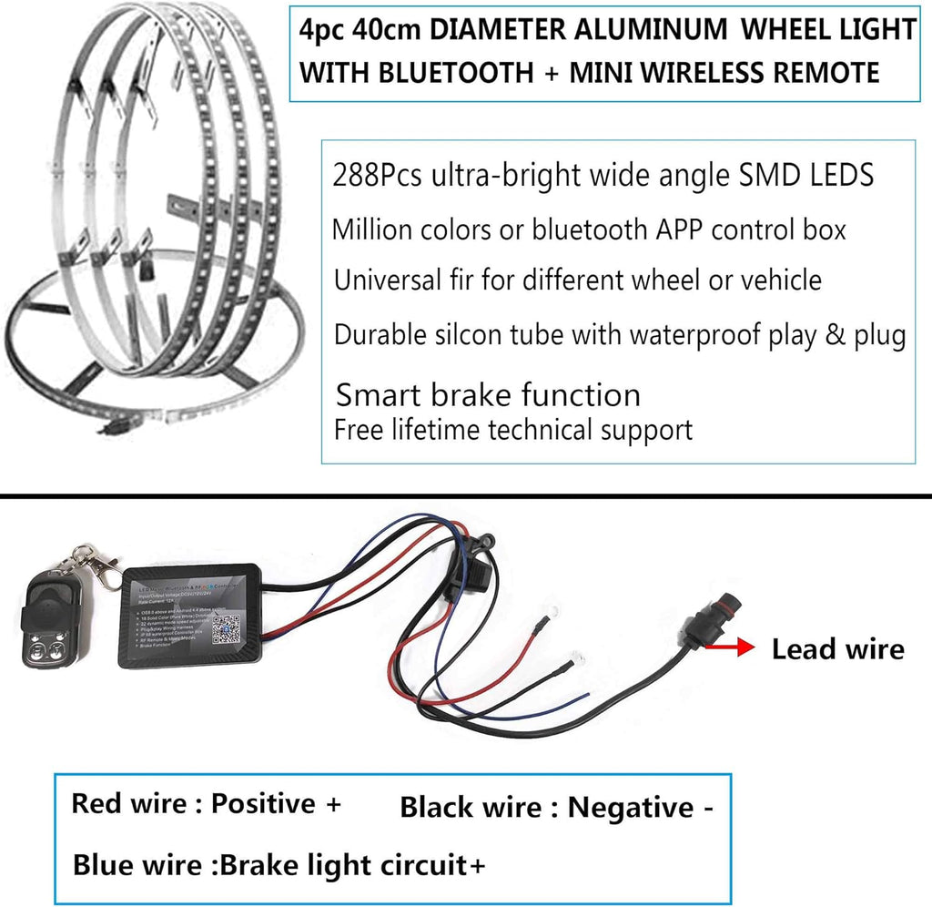 4PC 15.5in RGBW LED Wheel Ring Lights with Brake Function Waterproof Wireless RF Remote B1044