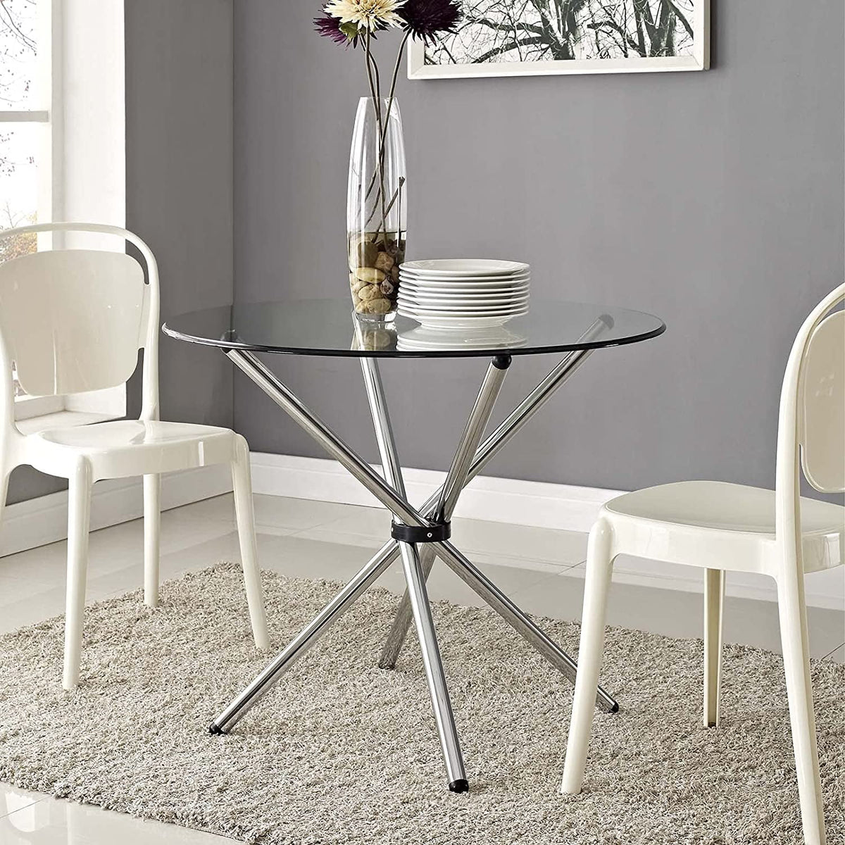 36" Round Glass Top Stainless Steel Dining Table L9177