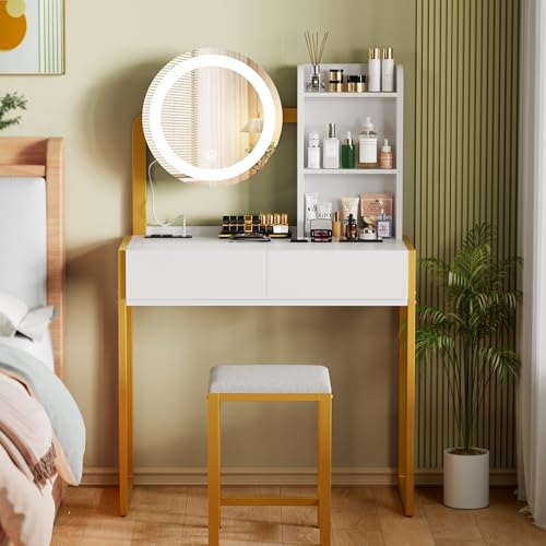 White Vanity Desk with Mirror and Lights M9604
