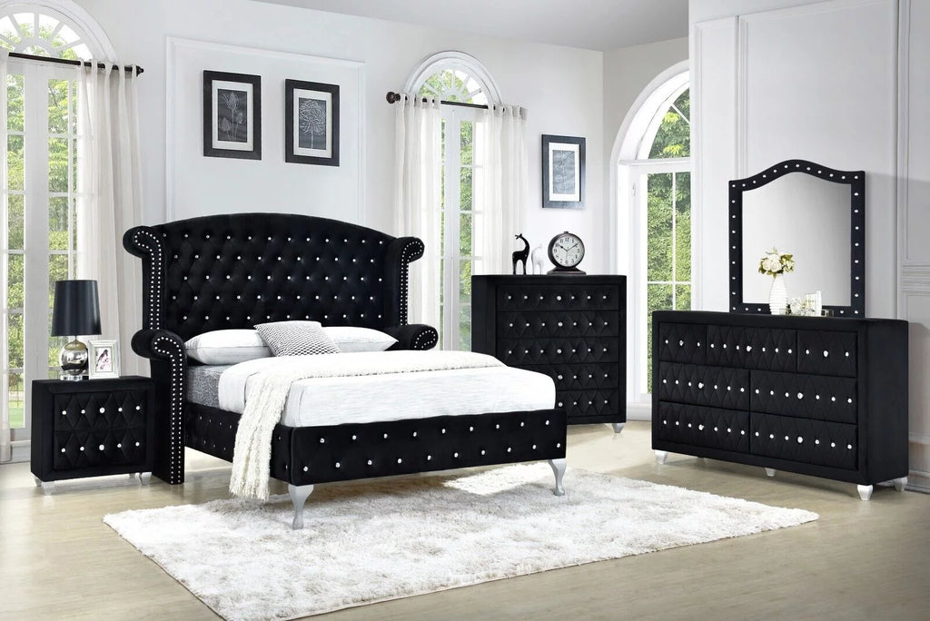 Black Velvet 5Pc King Size Bed Dresser Mirror Nightstand Set Y16288