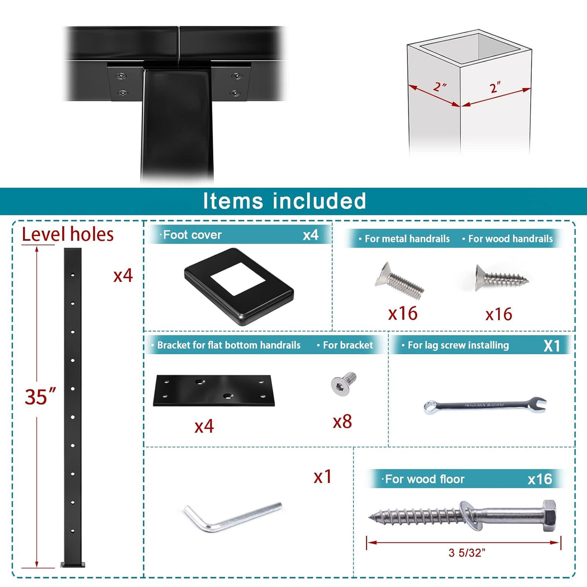 4 Pack Black Square Stainless Steel Cable Railing Post A5768