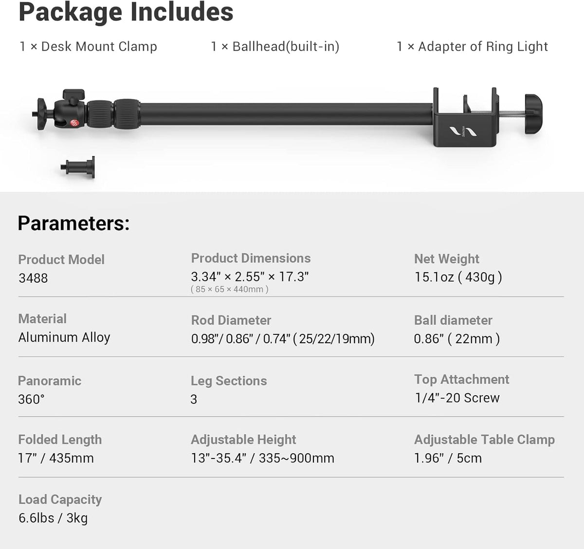 Adjustable Camera Desk Mount with Ball Head R362