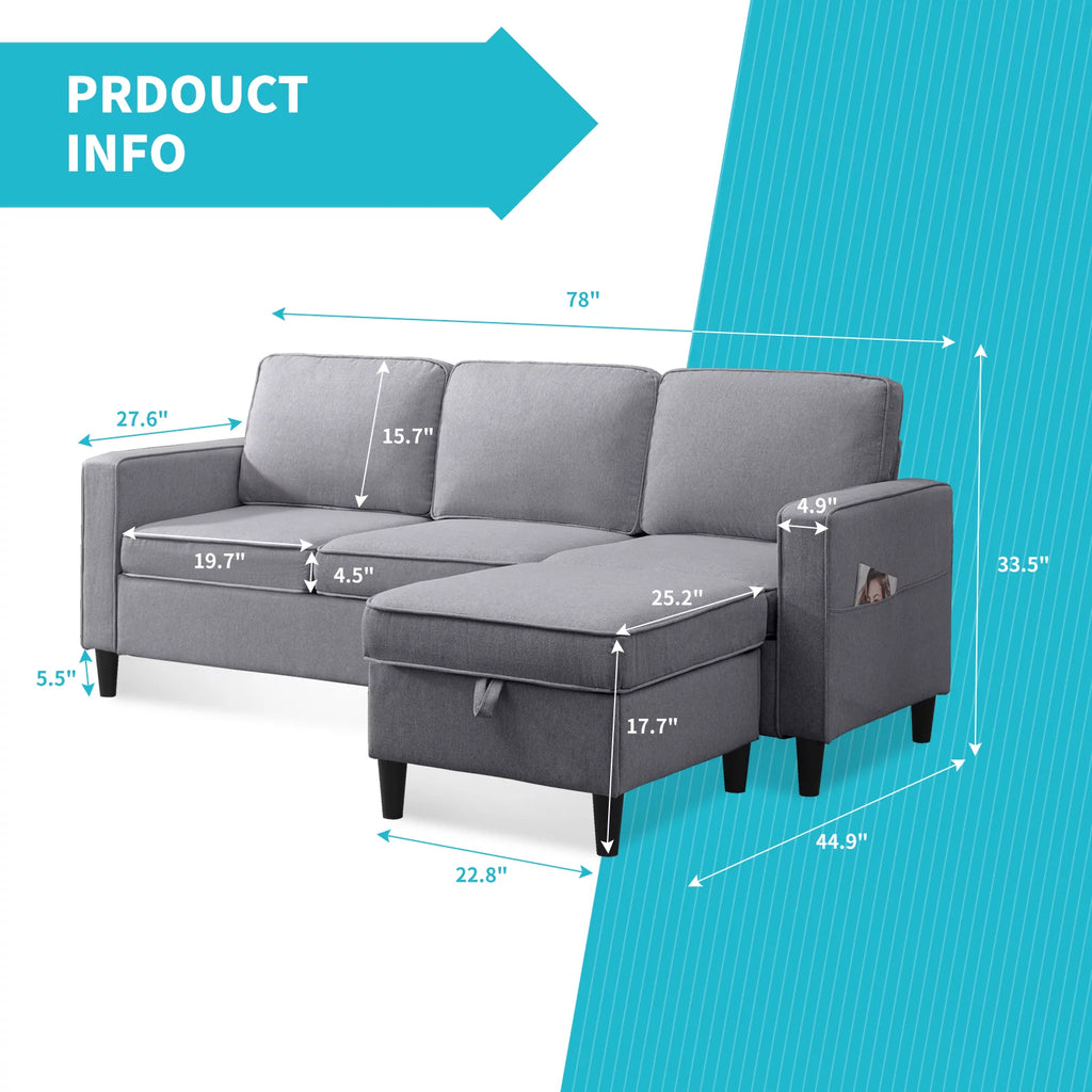Dark Gray L-Shaped Sectional Sofa with Storage Ottoman W406697