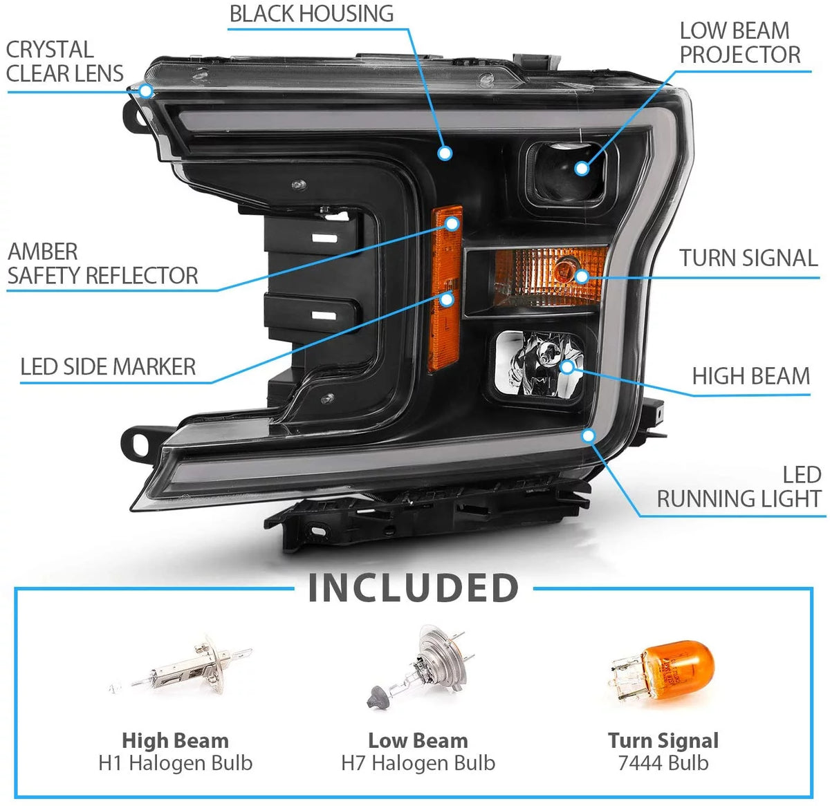 LED Ford F-150 Black Quad Projector Headlight Set C653545