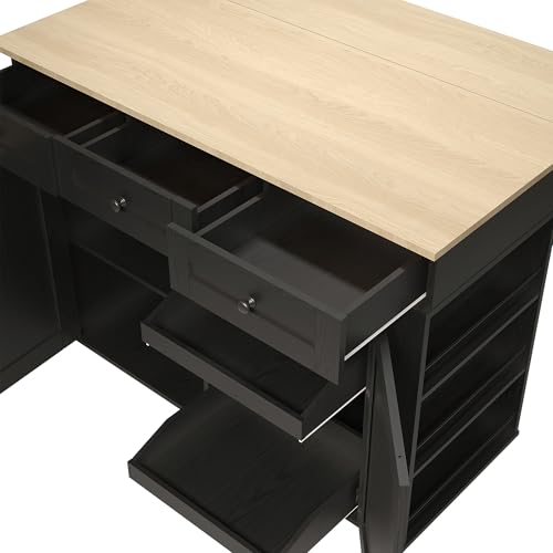 Rolling Kitchen Island Cart with Power Outlet & Drop Leaf, 3 Drawers, Black O521