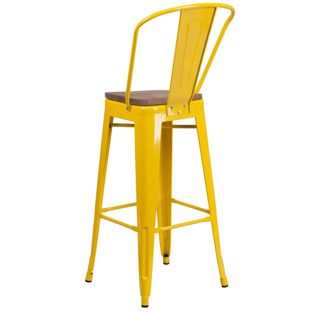 4 Pack 30" High Metal Barstool with Back and Wood Seat Yellow E7070