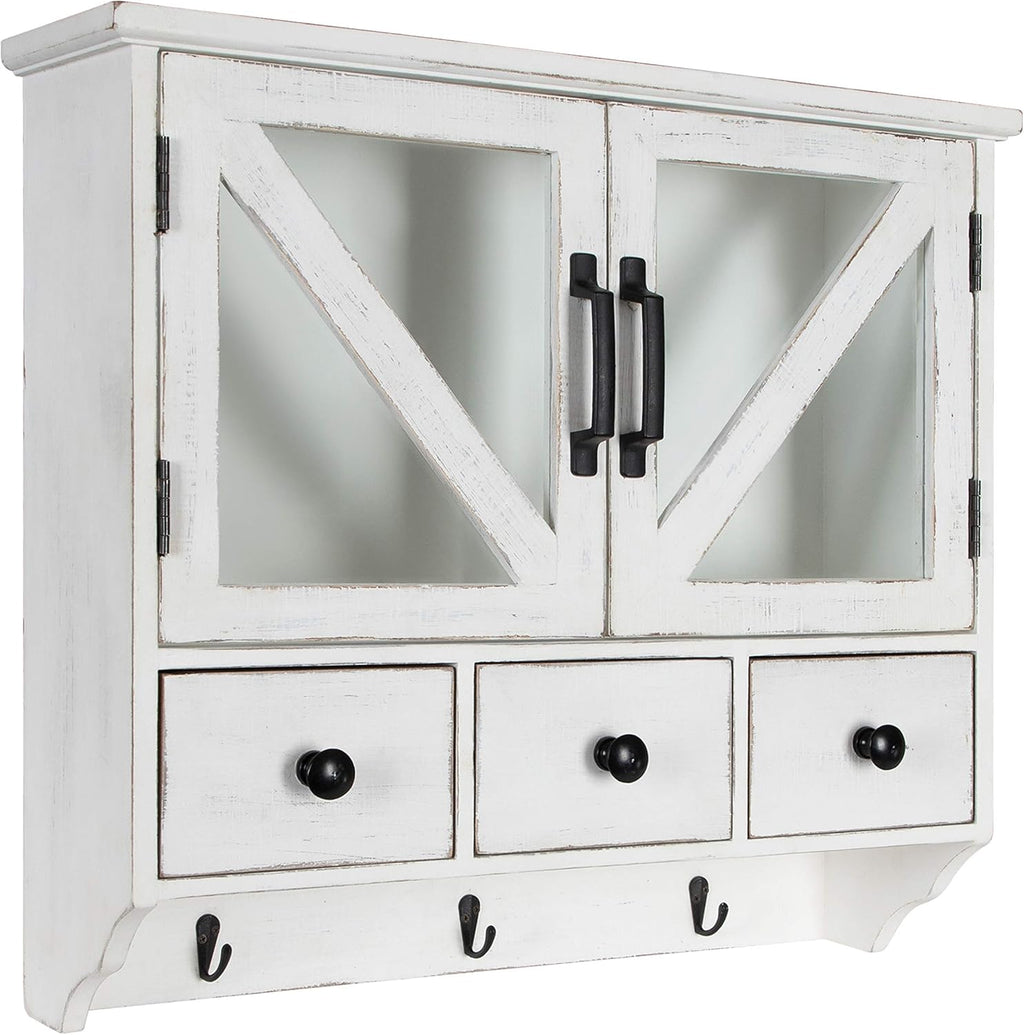 Rustic Wood Wall Cabinet with Magnetic Doors and Three Drawers P411189