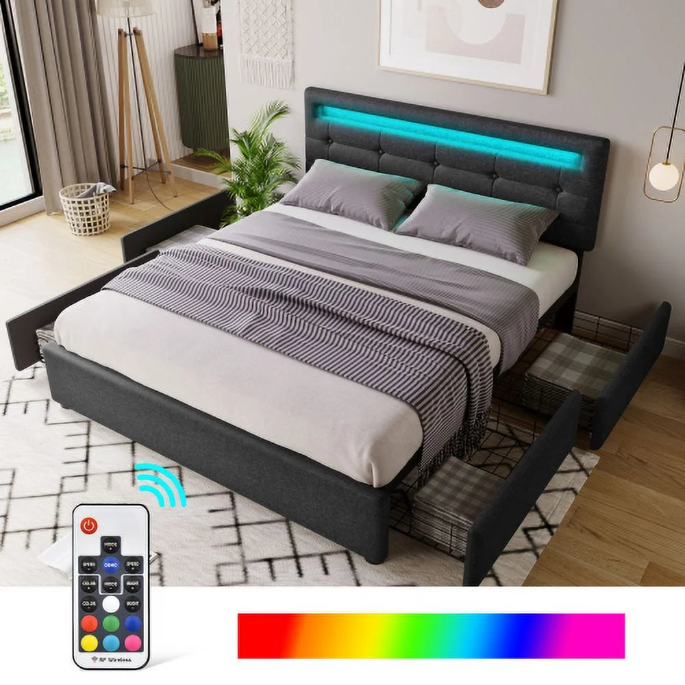 Queen Size Upholstered Platform Bed Frame with 4 Storage Drawers and LED Lights M74666