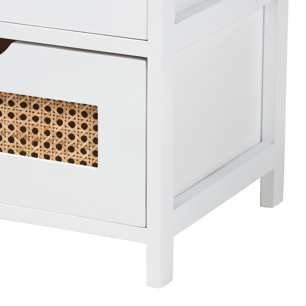 Light Beige Fabric White Wood 3-Drawer Storage Bench with Natural Rattan M8524