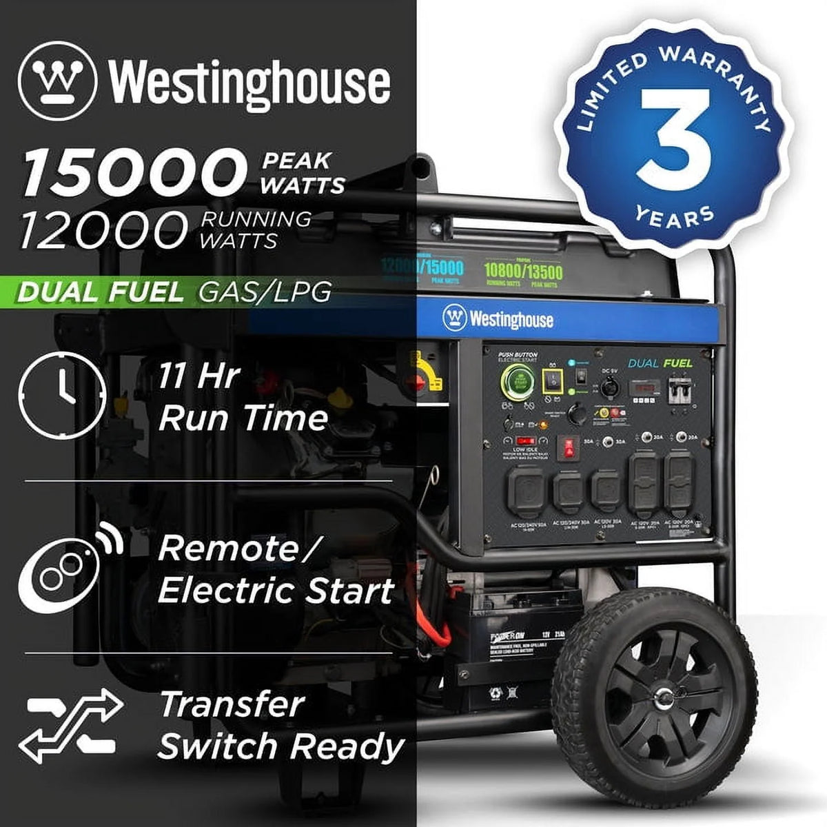 15,000 Peak Watt Dual Fuel Portable Generator C83627