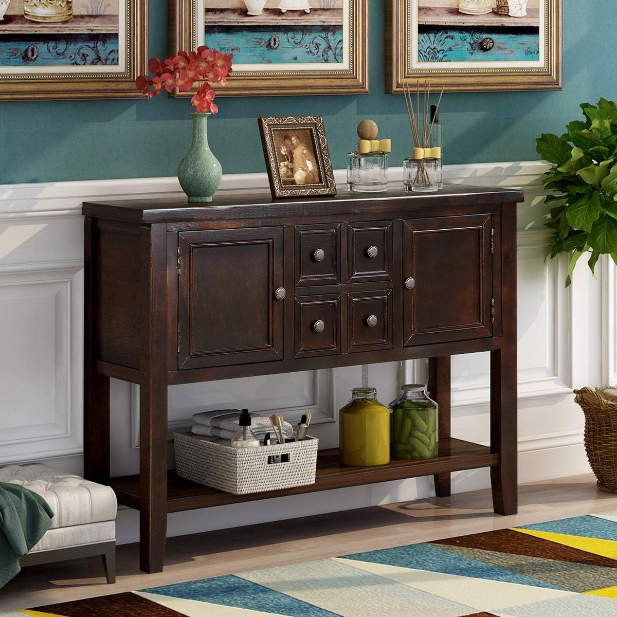Blue Console Sofa Table with Storage Drawers Cabinets and Bottom Shelf V135233