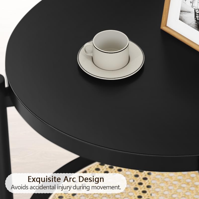 Black Set of 2 Round 2-Tier Side Table with Rattan Storage Y3850