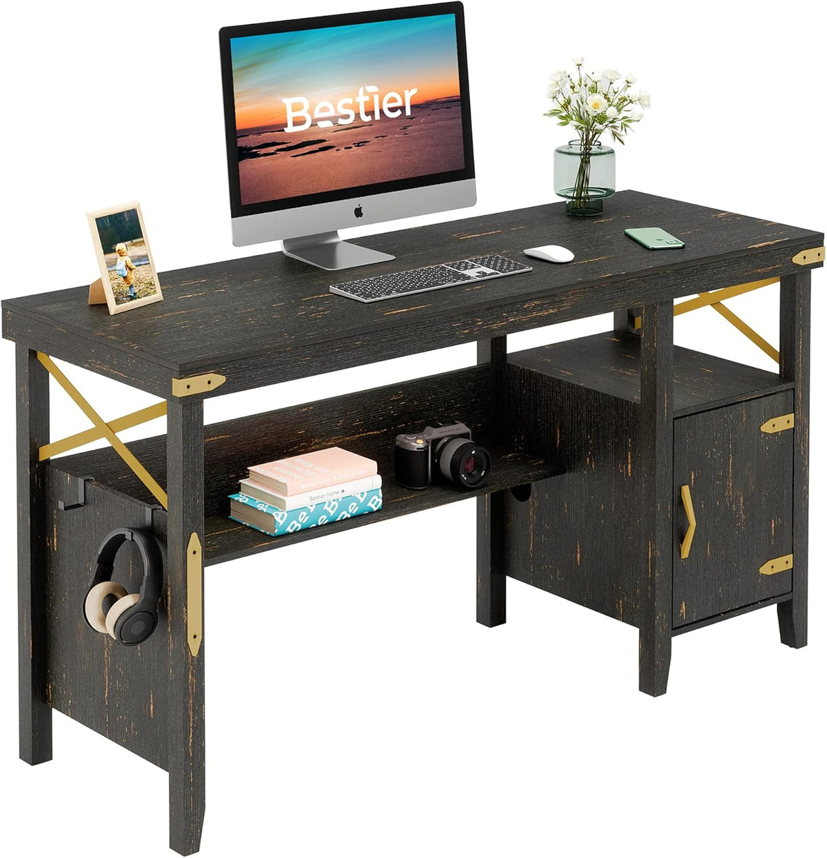 55 Inch White Computer Desk with Storage Cabinet L788