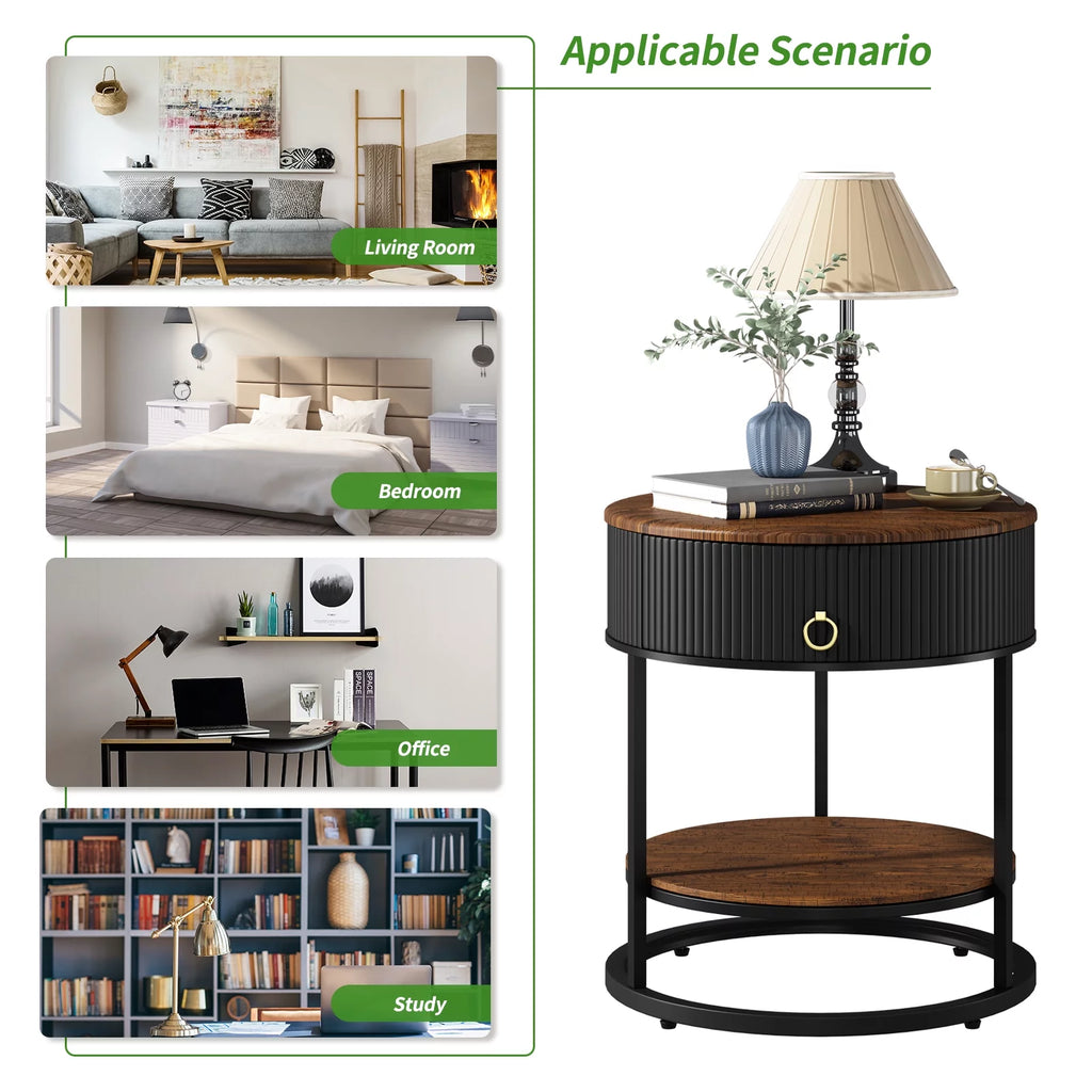 Black Metal 2-Tier Round End Table with Drawer B53579
