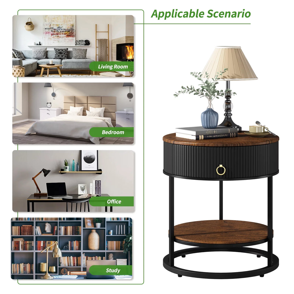 Black Metal 2-Tier Round End Table with Drawer B53579