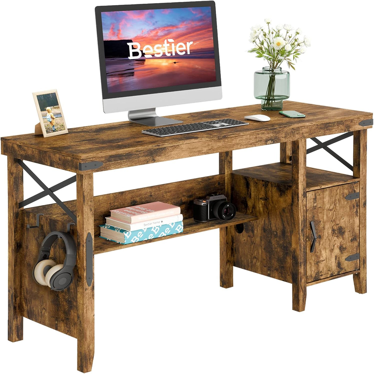 55 Inch White Computer Desk with Storage Cabinet L788