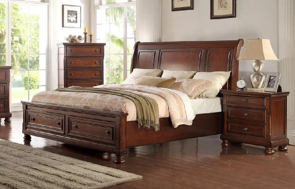 Cherry Wood Finish Eastern King Platform Bedroom Set 4Pcs N44019