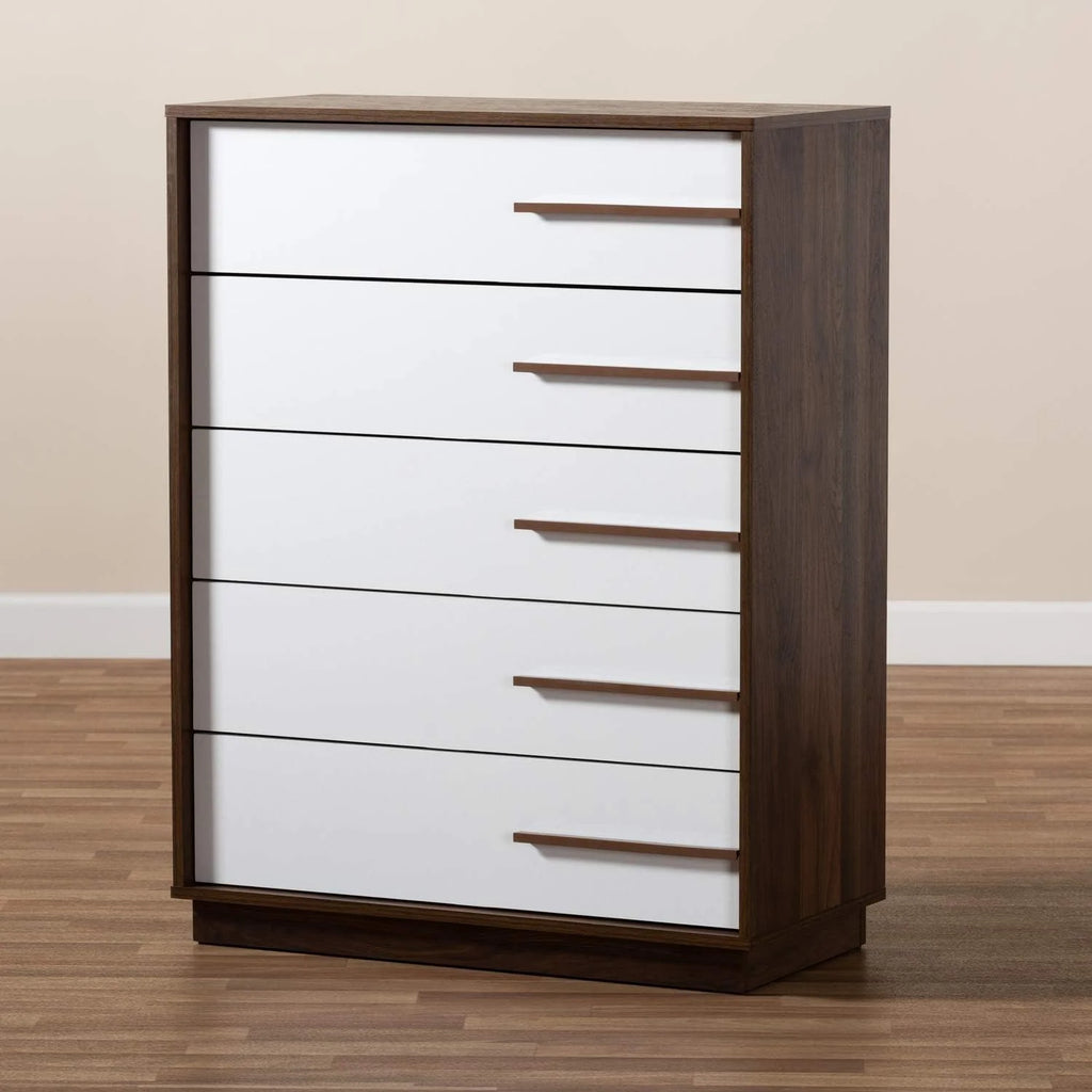 Two-Tone White And Walnut 5-Drawer Wood Chest U40000
