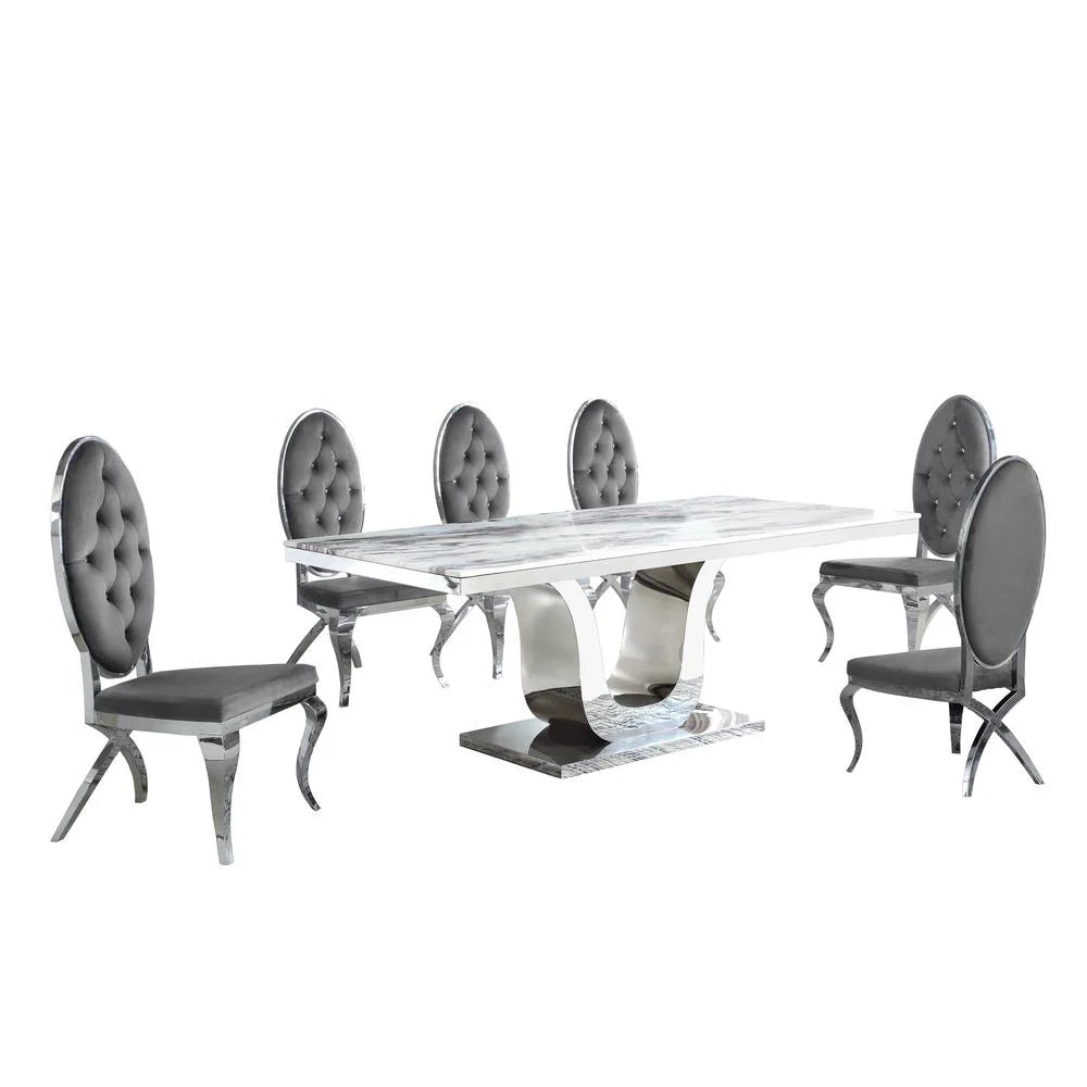 Stainless Steel 7 Piece Dining Set with Marble Table and Gray Chairs P2254