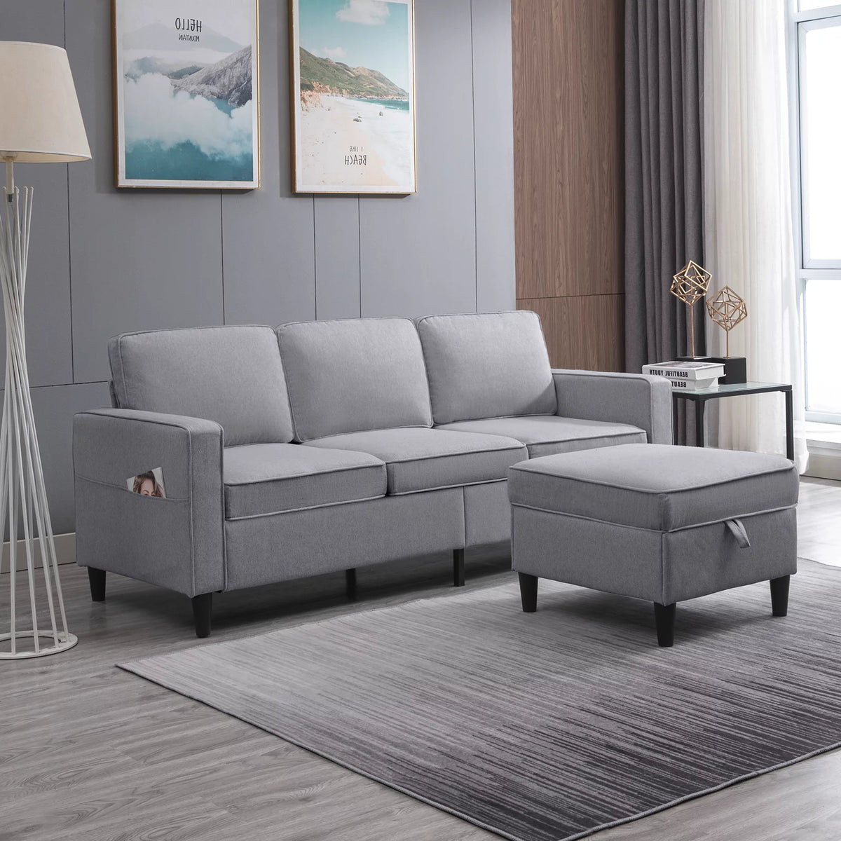 Dark Gray L-Shaped Sectional Sofa with Storage Ottoman W406697