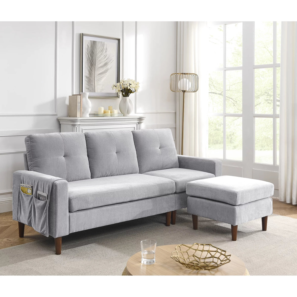 Light Grey Chenille Convertible Sectional Sofa N766601