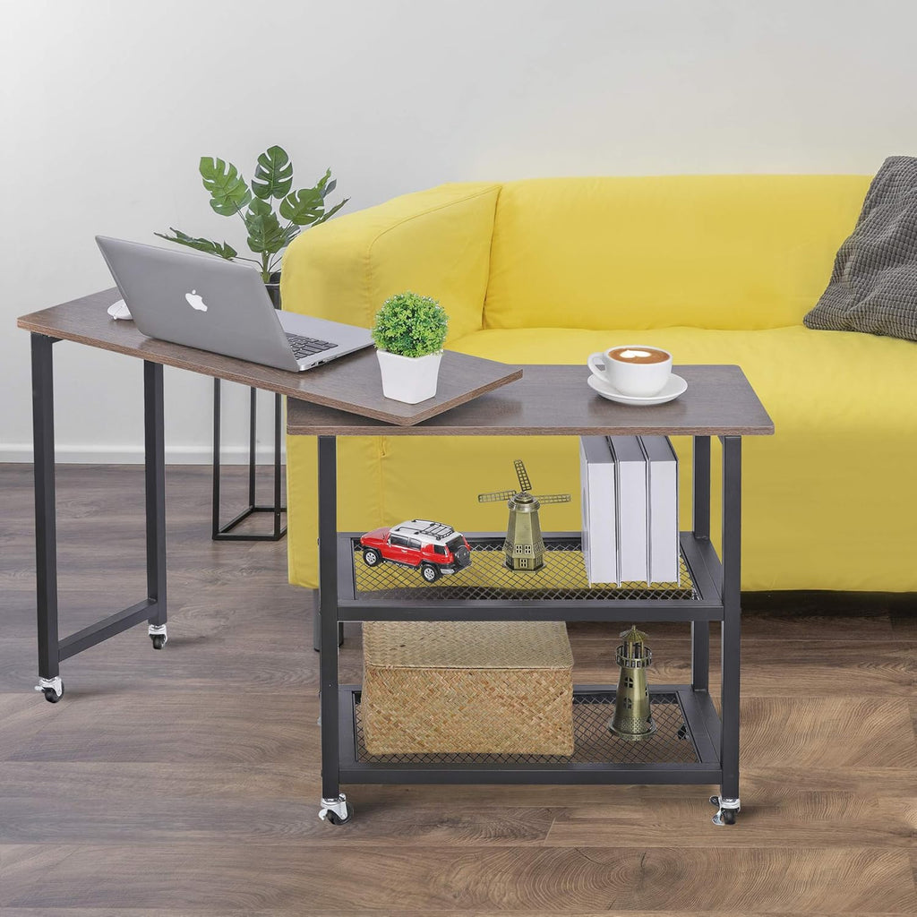 360° Rotating Sofa Side Table with 2-Tier Steel Storage Shelves Grey T620279