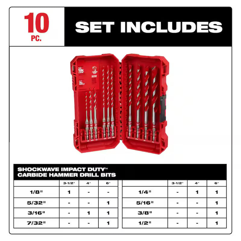 10-Piece Carbide Hammer Drill Bit Set W6729