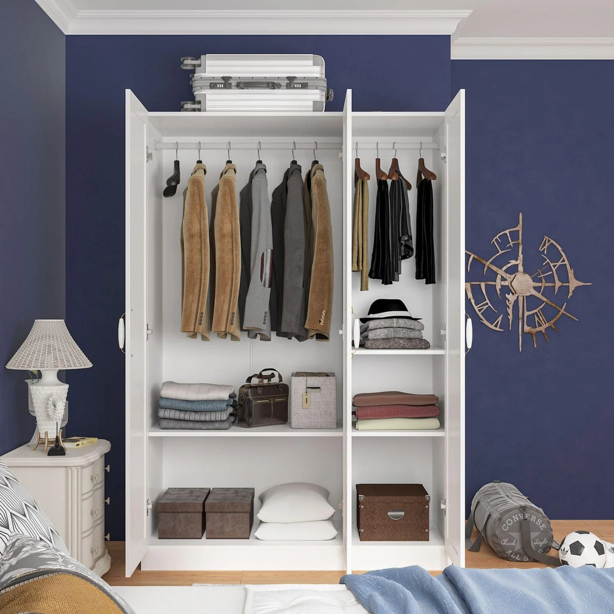 White 3 Door Wardrobe Closet with Shelves K106789