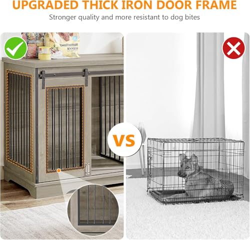 Grey 60.6 Inch Double Dog Crate Furniture with Divider R11027