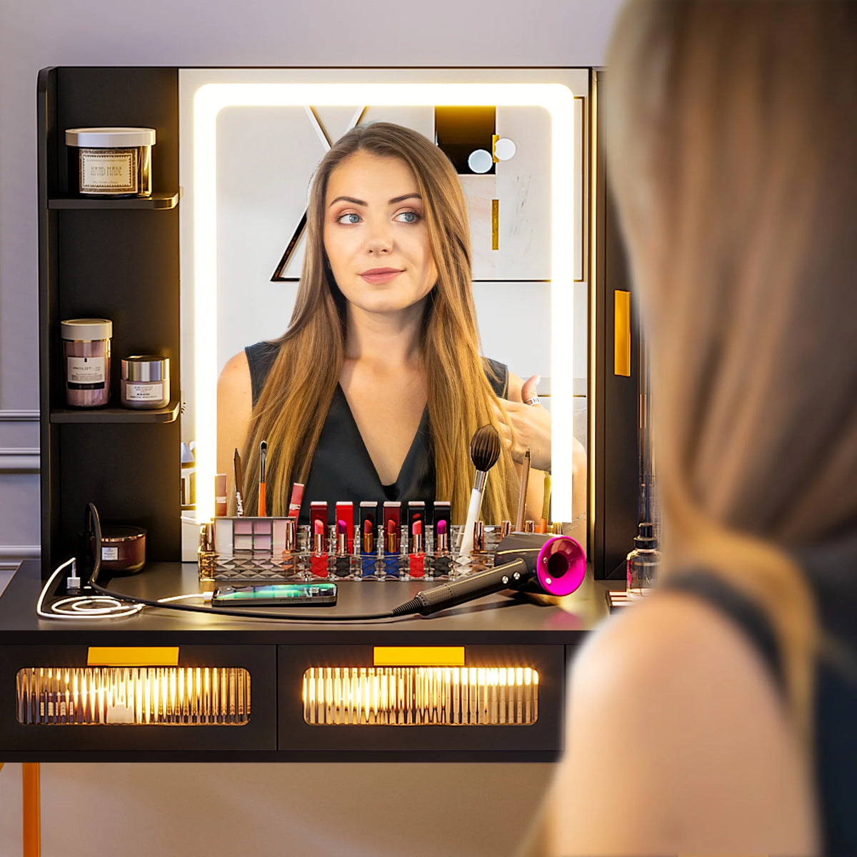 Makeup Vanity Table Set with LED Mirror and 6 Drawers F478