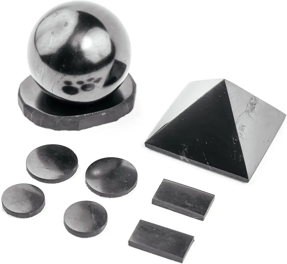 Polished Shungite Pyramid Sphere with Stand 9 pcs A556402