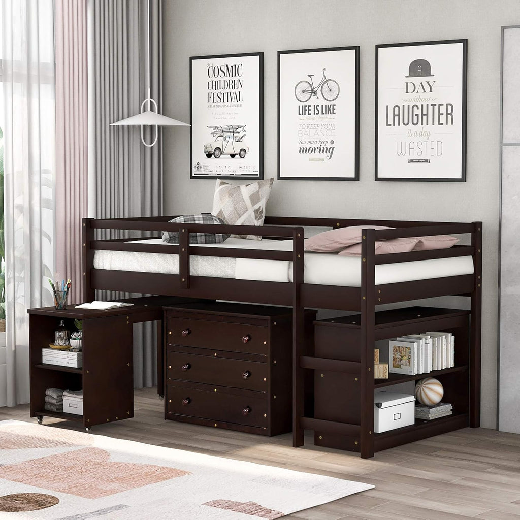 Twin Wood Loft Bed with Cabinet and Study Desk V1651
