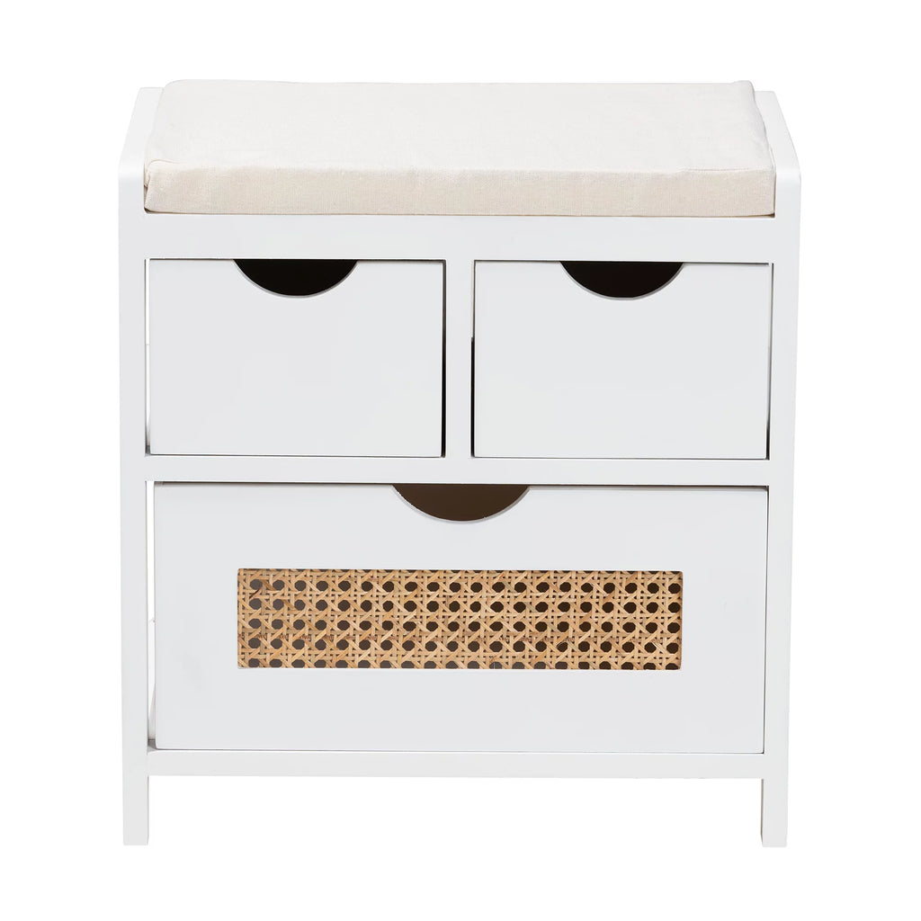 Light Beige Fabric White Wood 3-Drawer Storage Bench with Natural Rattan M8524
