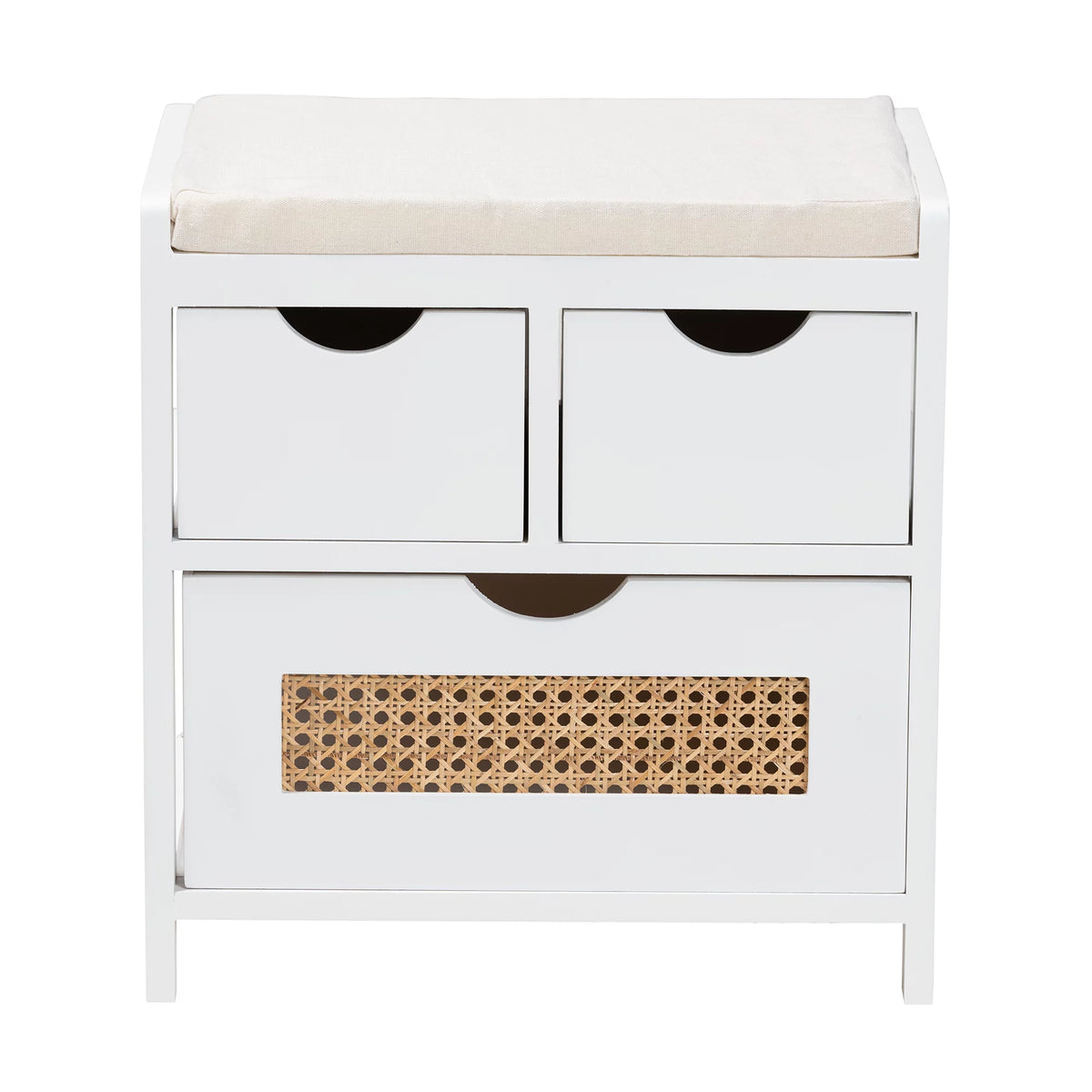 Light Beige Fabric White Wood 3-Drawer Storage Bench with Natural Rattan M8524