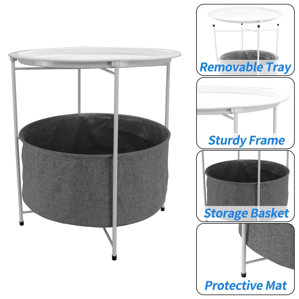 Round Metal End Table with Fabric Storage Basket O231