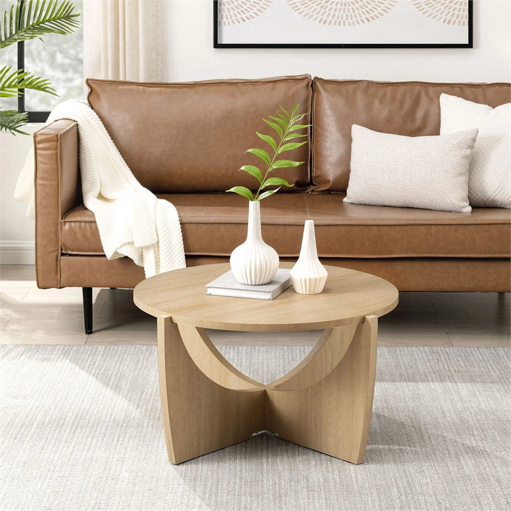 28" Wood Round Coffee Table with Crossed Arch Base P64035