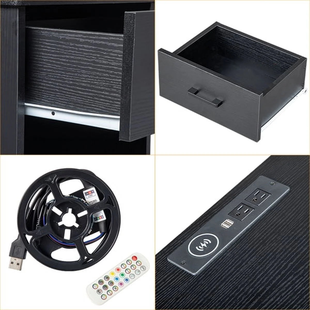 Black Nightstand with Charging Station and 3 Drawers H4749