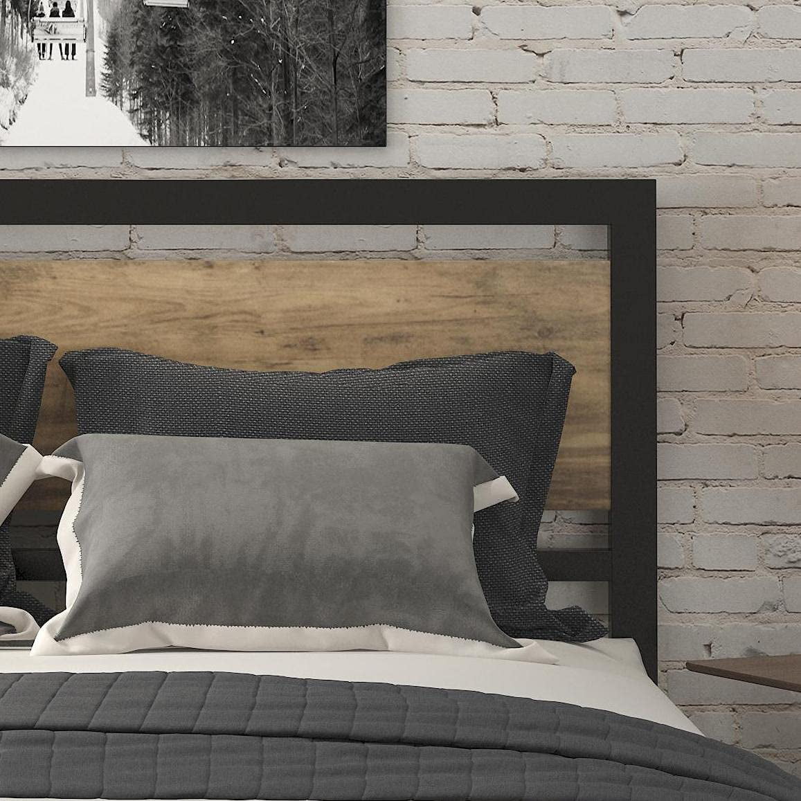 Brown Queen Size Metal Platform Bed Frame with Wooden Headboard U9235