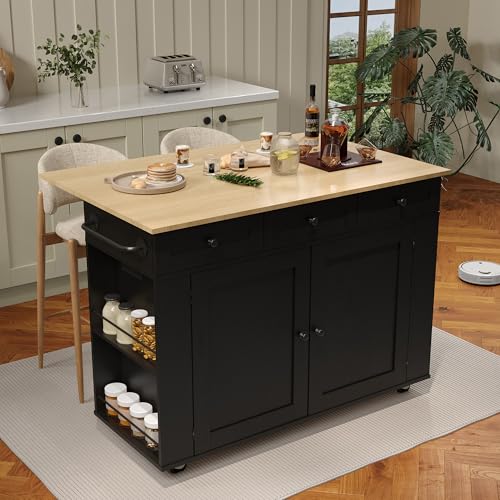 Rolling Kitchen Island Cart with Power Outlet & Drop Leaf, 3 Drawers, Black O521