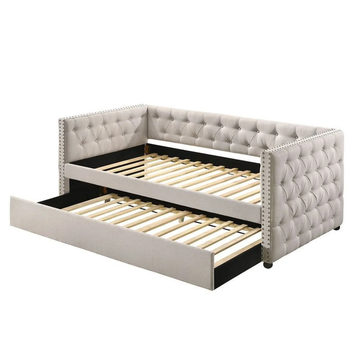 Beige Button Tufted Fabric Upholstered Twin Daybed and Trundle N457