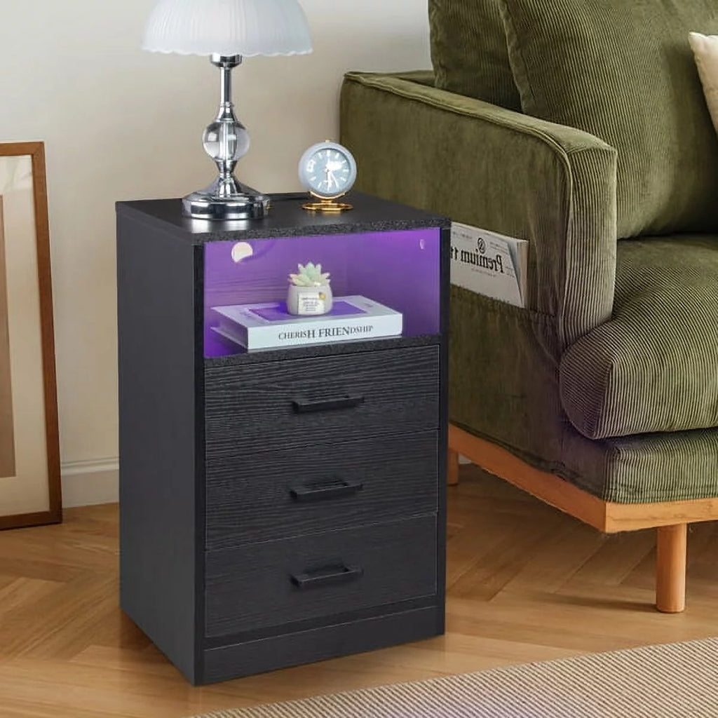 Black Nightstand with Charging Station and 3 Drawers H4749