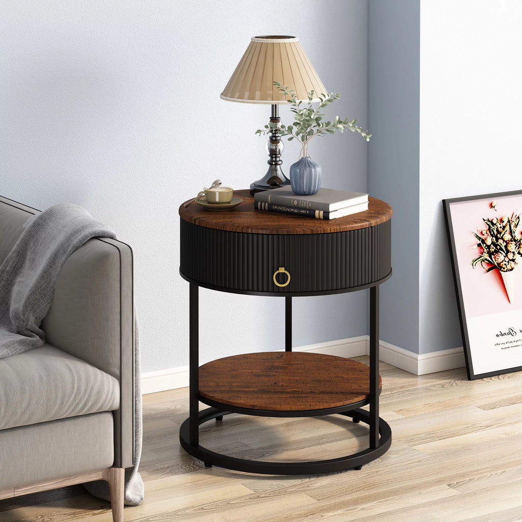 Black Metal 2-Tier Round End Table with Drawer B53579