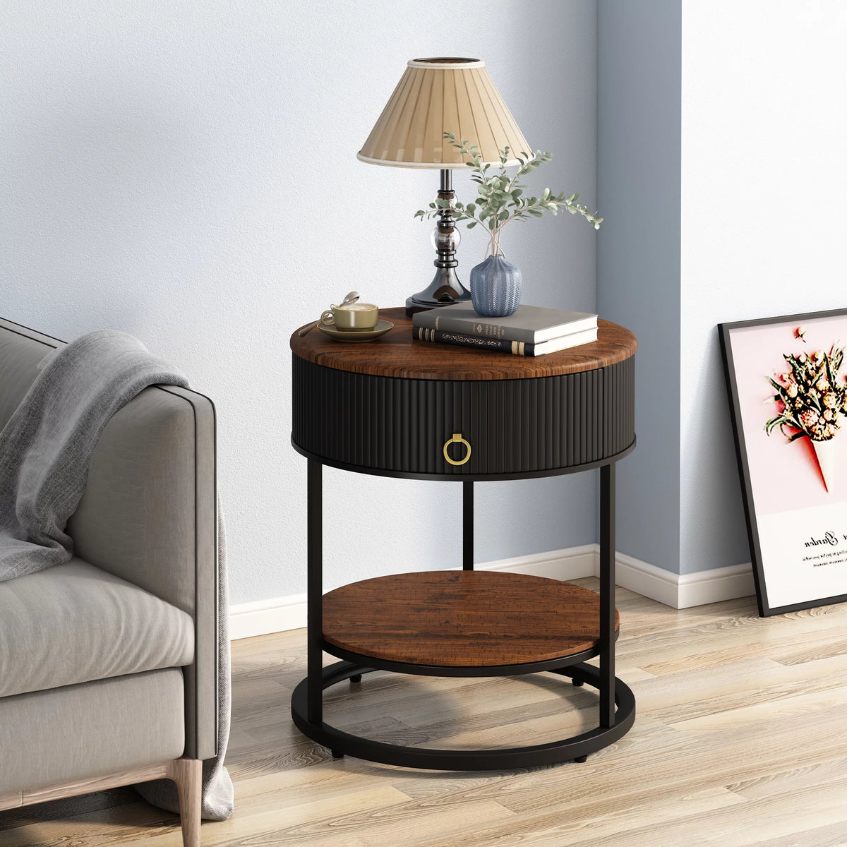 Black Metal 2-Tier Round End Table with Drawer B53579