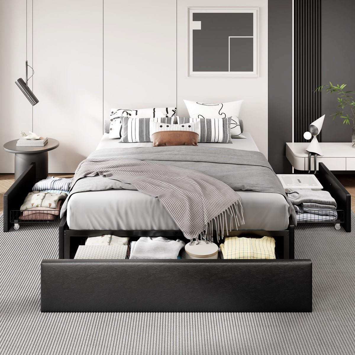 Dark Grey Queen Size Platform Bed Frame with 3 Storage Drawers S20051