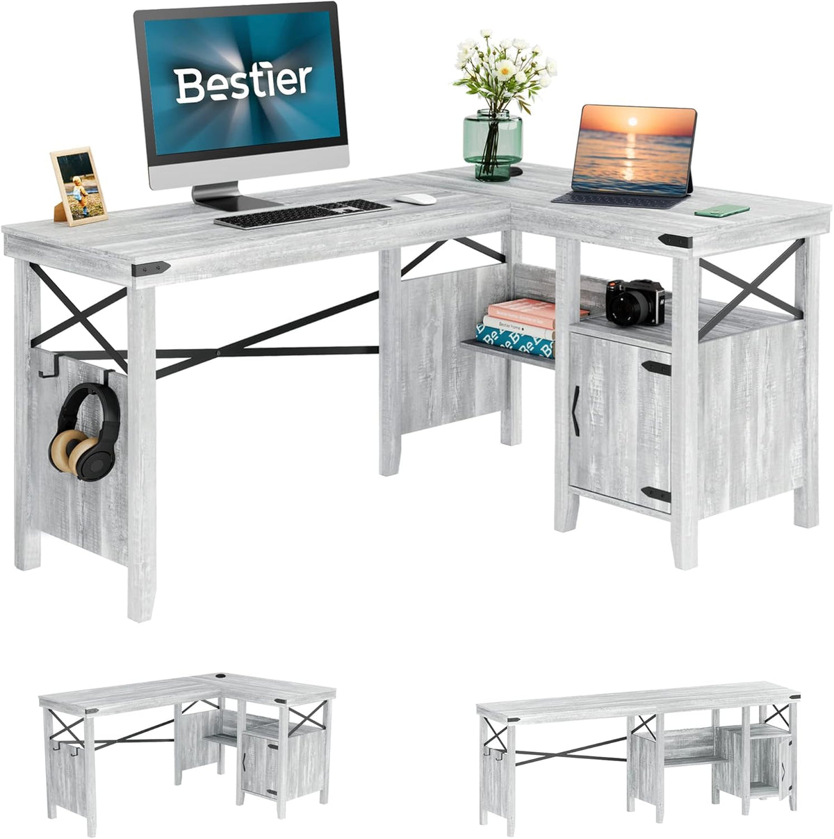 55 Inch White Computer Desk with Storage Cabinet L788