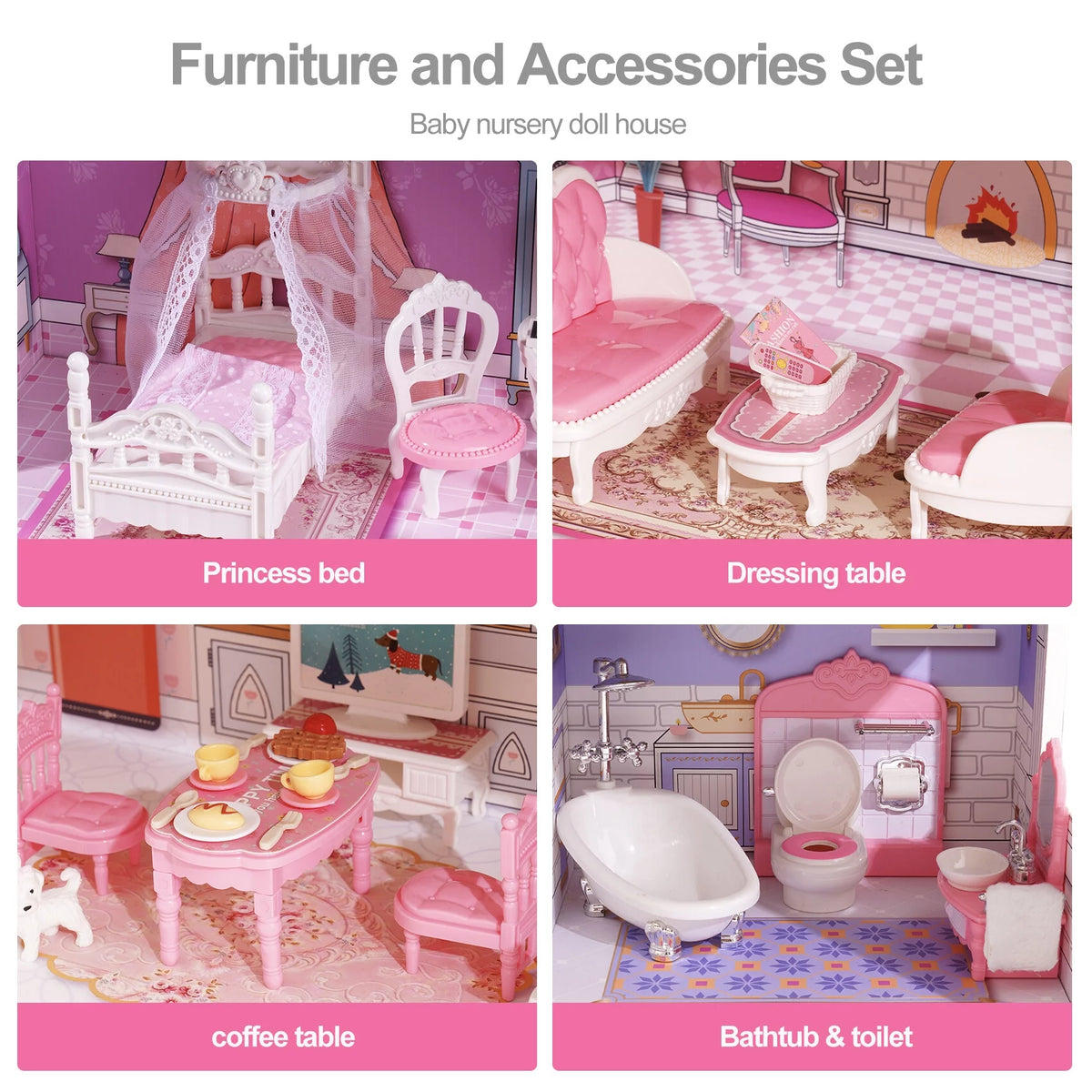 Wooden Dollhouse with 24pcs Furniture E620454