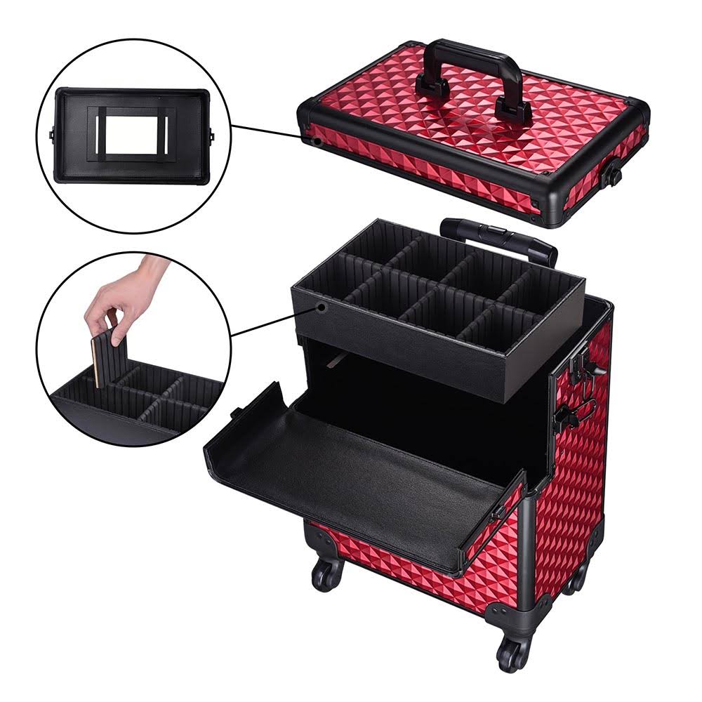 Rolling Aluminum Makeup Train Case 2in1 4Wheel Red Y922064