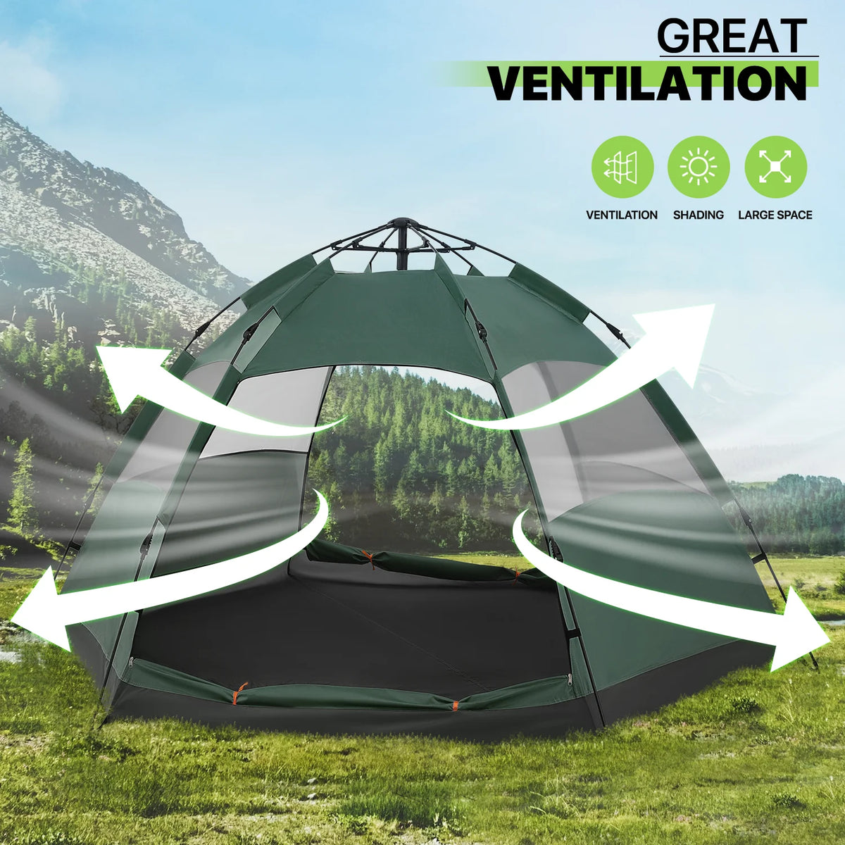 Large 4 Person Double Layer Camping Tent with Carry Bag, Green S72964