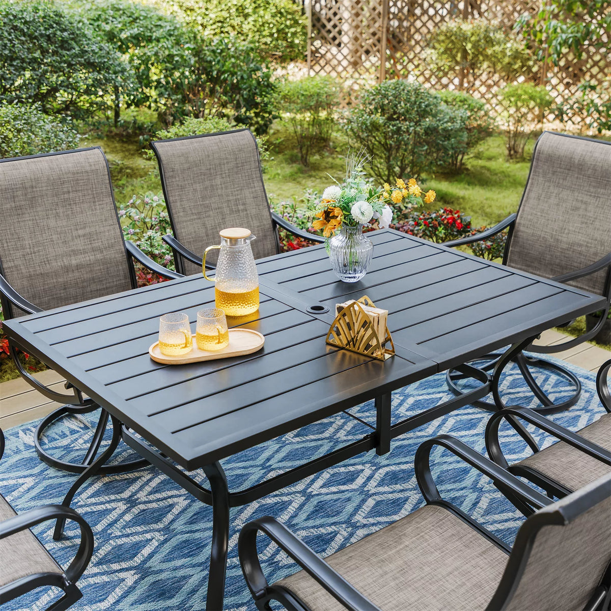 7 Pieces Metal Patio Dining Set with Rectangular Table and Swivel Chairs B523